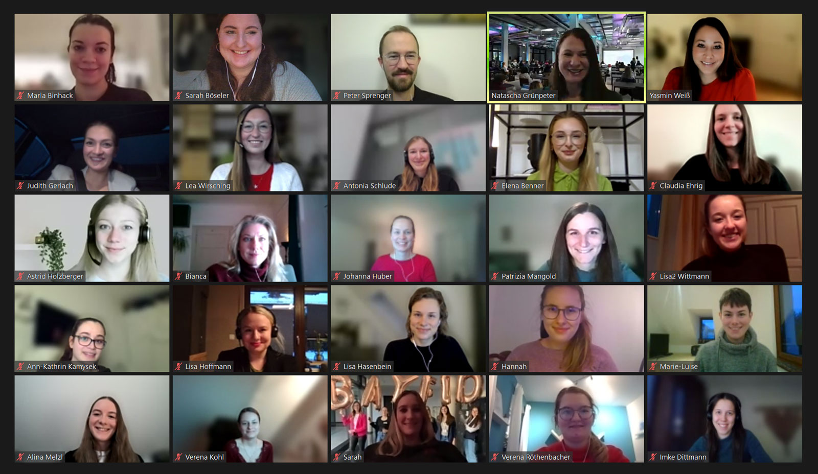 Screenshot des Online-Treffens, der alle Teilnehmnerinnen zeigt