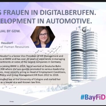 Screenshot einer Präsentations-Folie von Sigrid Heudorf (BMW Group) mit dem Titel "BayFiD - Bayerns Frauen in Digitalberufen. Data Driven Development in Automotive."