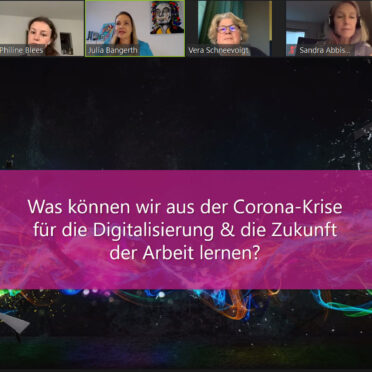 Screenshot der Videokonferenz zeigt eine Präsentation mit dem Titel "Was können wir aus der Corona-Krise für die Digitalisierung & die Zukunft der Arbeit lernen?"
