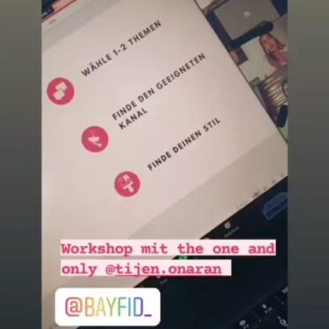 Screenshot einer Instagram Story von Julia Schleidt: Im Hinergrund ein Ausschnitt einer Bildschirmpräsentation und im vordergrund der Text "Workshop mit the one and only @tijen.onaran - @BAYFID_"