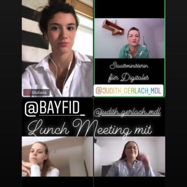 Screenshot einer Instagram Story mit Bildern von Teilnehmerinnen mit dem Text "@bayfid_ @judith_gerlach_mdl Einblick in den digitalen Stammtisch von #BayFiD"