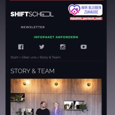 Screenshot einer Instagram-Story zeigt einen Ausschnitt der Webseite der Shiftschool mit Text darüber "Danke @tina_b_burkhardt & @shiftschool für die Möglichkeit virtuell mit euch zusammen zu kommen!"